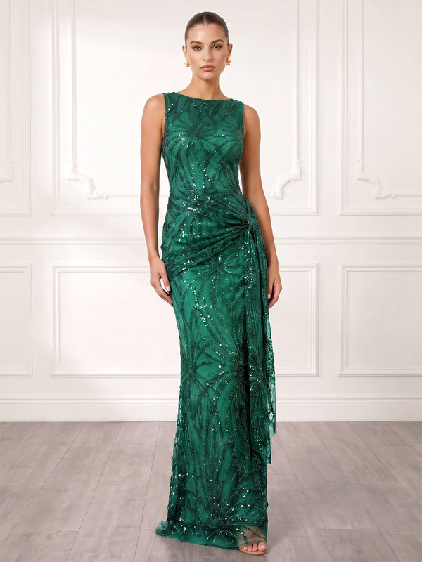 Sheath/Column Evening Dresses Elegant Sequins Floor-Length Sleeveless Bateau Neckline Formal Dresses