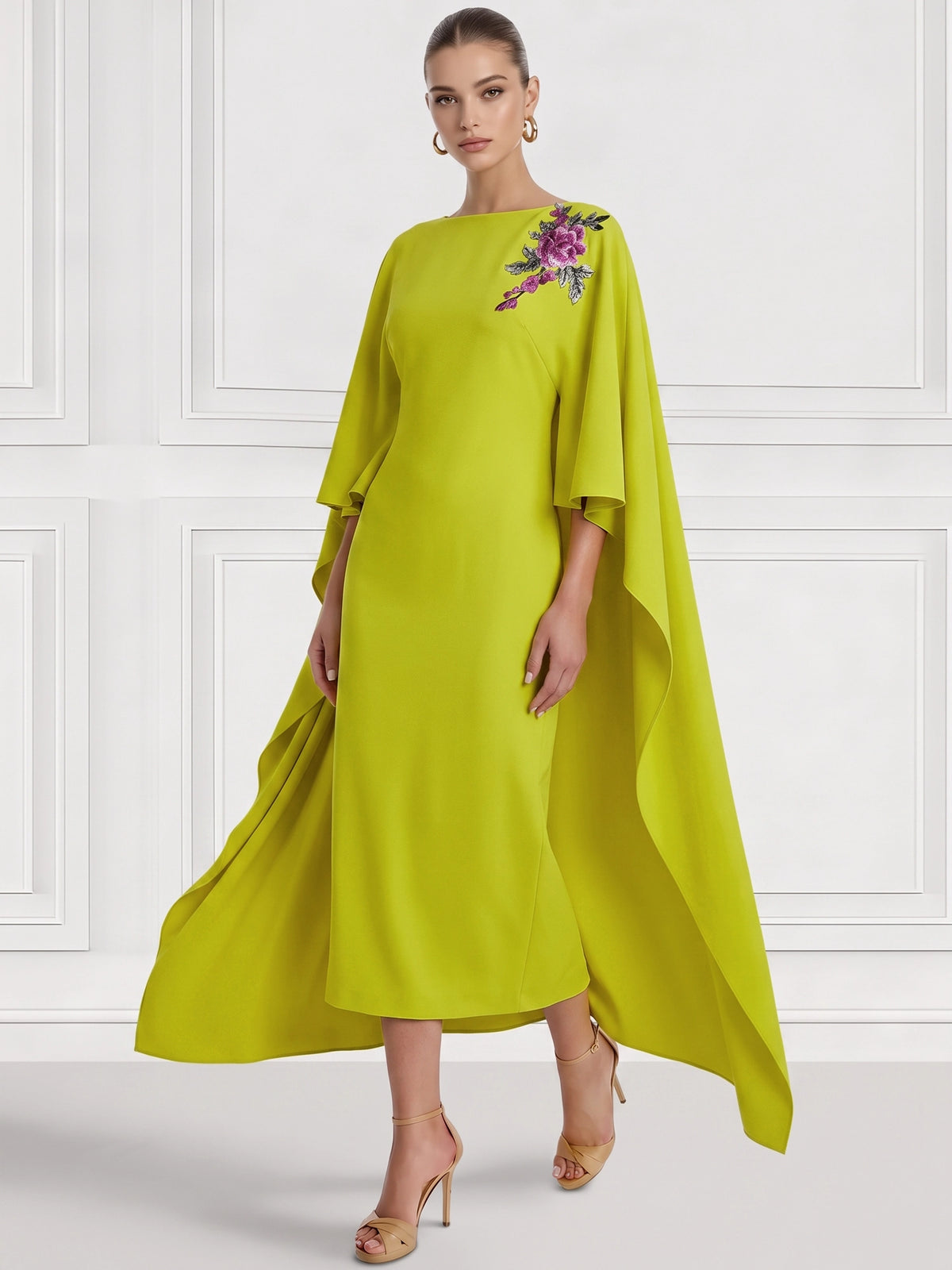 Sheath/Column Cocktail Party Dress Boat Neck Chiffon Short Sleeves Ankle Length Formal Dress With Floral Beads Cape Sleeves