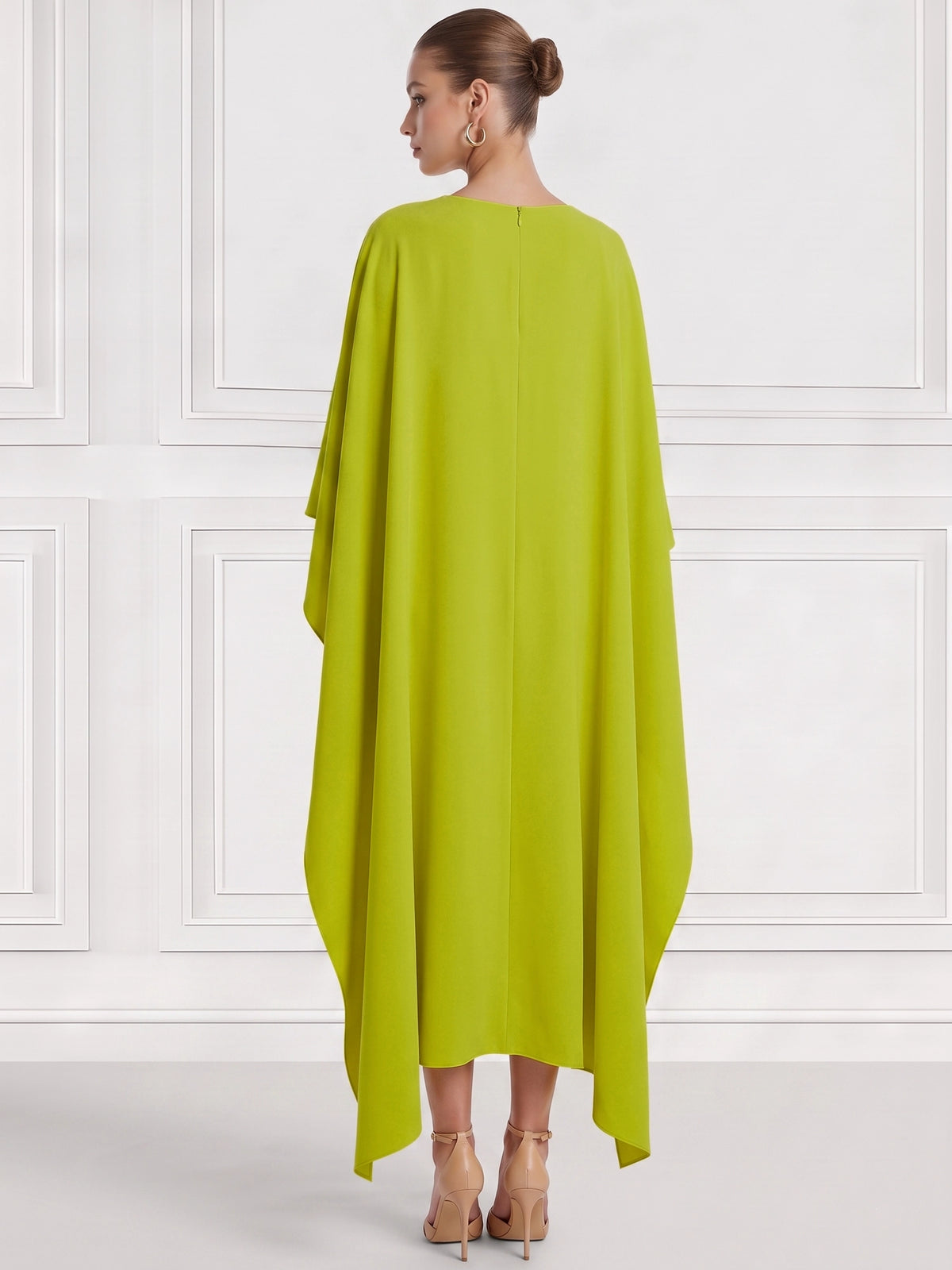 Sheath/Column Cocktail Party Dress Boat Neck Chiffon Short Sleeves Ankle Length Formal Dress With Floral Beads Cape Sleeves