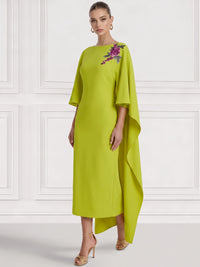Sheath/Column Cocktail Party Dress Boat Neck Chiffon Short Sleeves Ankle Length Formal Dress With Floral Beads Cape Sleeves