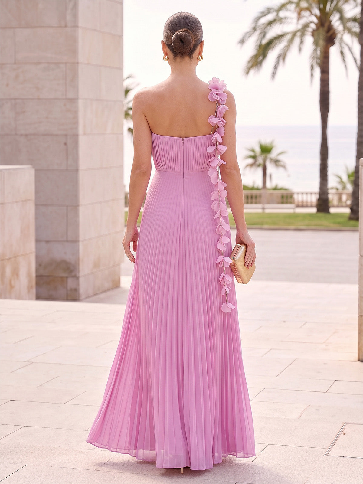 A-Line/Princess Formal Dresses Chiffon Spaghetti Strap Sleeveless Floor-Length Pleated With 3D Flowers Zipper