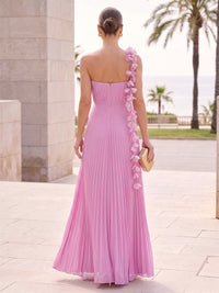 A-Line/Princess Formal Dresses Chiffon Spaghetti Strap Sleeveless Floor-Length Pleated With 3D Flowers Zipper
