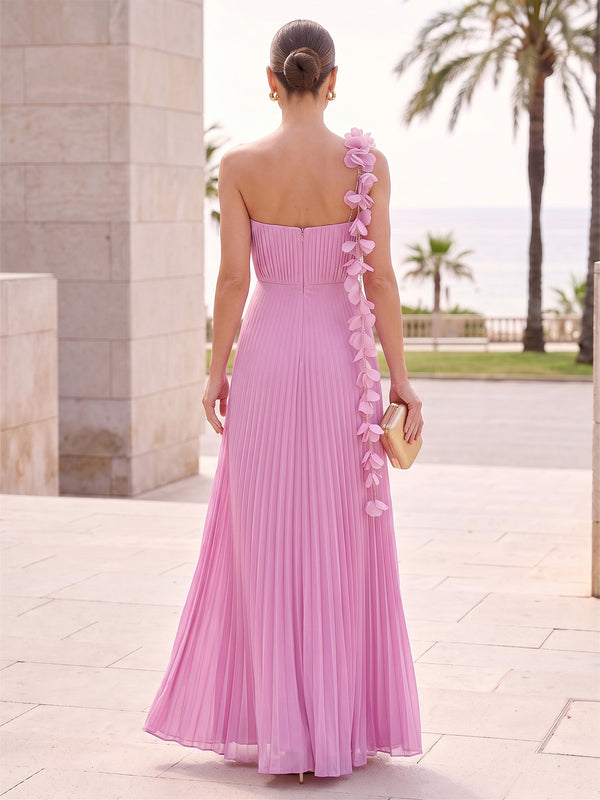 A-Line/Princess Formal Dresses Chiffon Spaghetti Strap Sleeveless Floor-Length Pleated With 3D Flowers Zipper