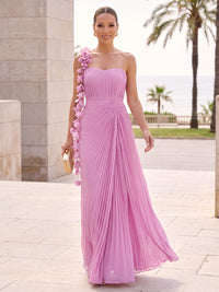 A-Line/Princess Formal Dresses Chiffon Spaghetti Strap Sleeveless Floor-Length Pleated With 3D Flowers Zipper