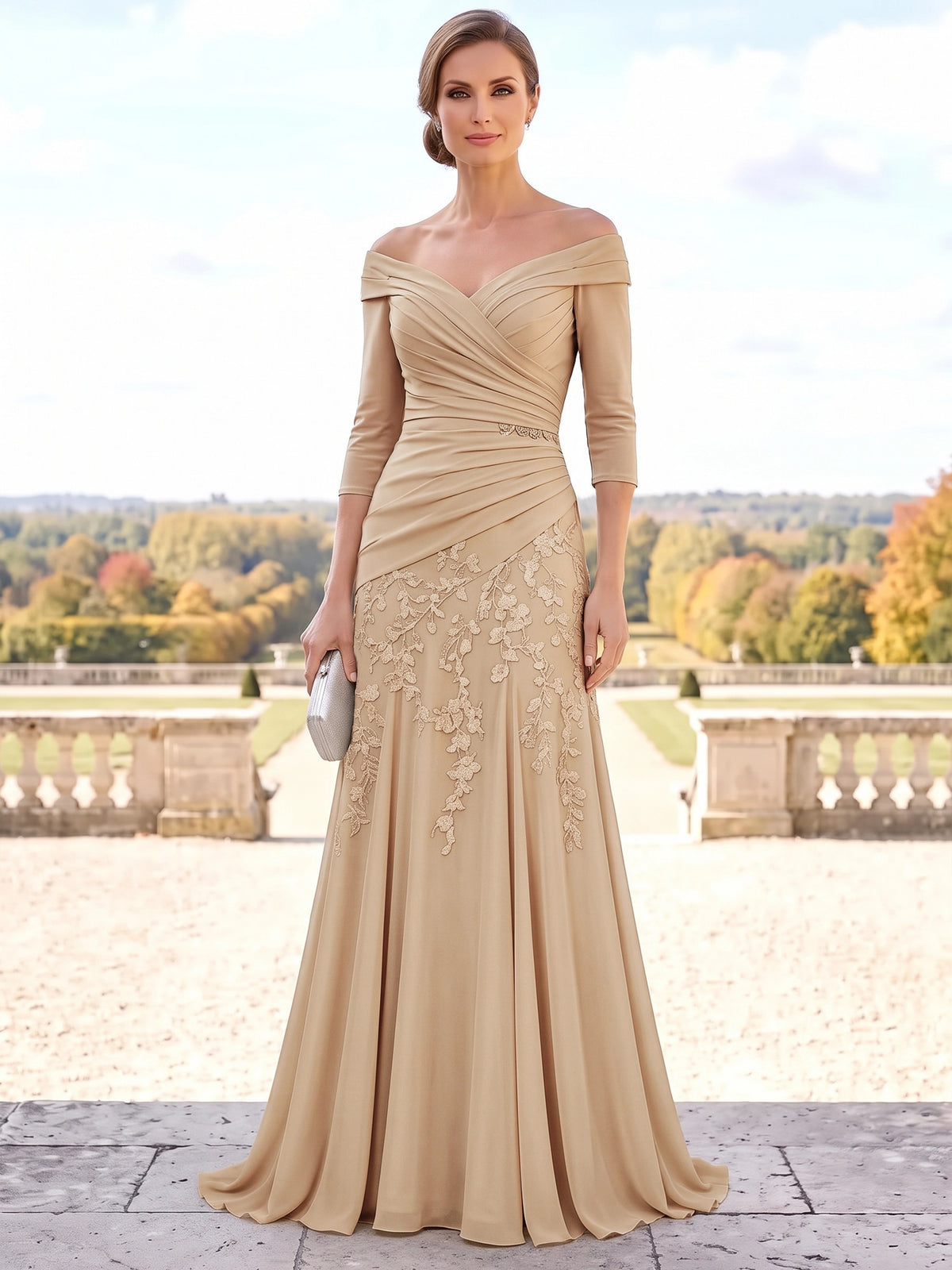 A-Line Mother Of The Bride Dresses Chiffon Off The Shoulder Champagne Long Sleeve Floor-Length Runched Floral Embroidery Wedding Guest Dresses