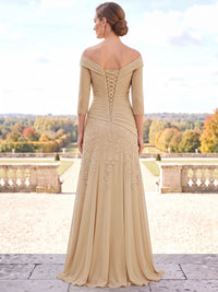 A-Line Mother Of The Bride Dresses Chiffon Off The Shoulder Champagne Long Sleeve Floor-Length Runched Floral Embroidery Wedding Guest Dresses