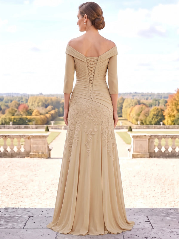 A-Line Mother Of The Bride Dresses Chiffon Off The Shoulder Champagne Long Sleeve Floor-Length Runched Floral Embroidery Wedding Guest Dresses