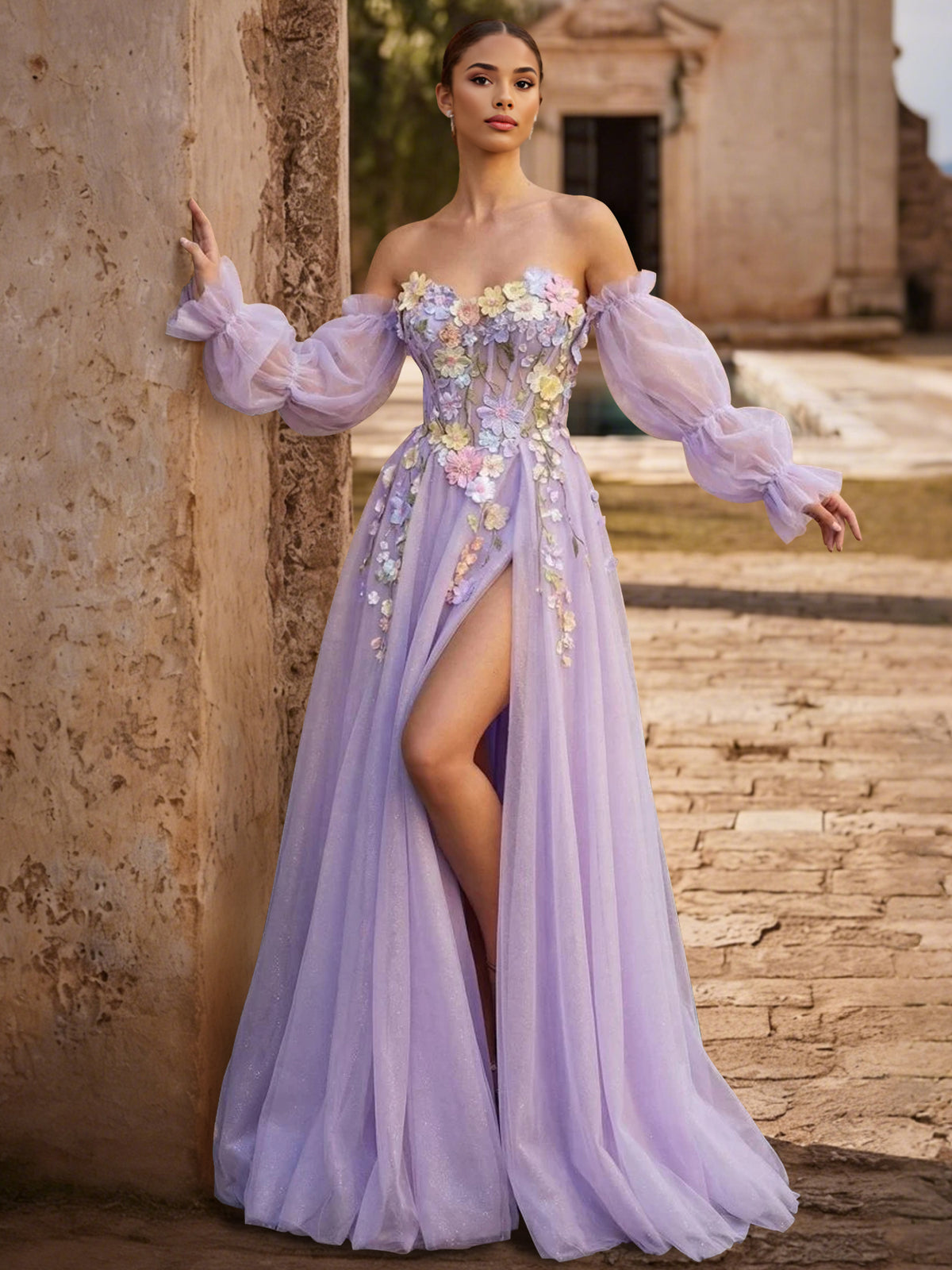 A-Line/Princess Long Prom Dresses Basque Waist Sweetheart Long Sleeves Floor-length Tulle Dress With Floral Appliques