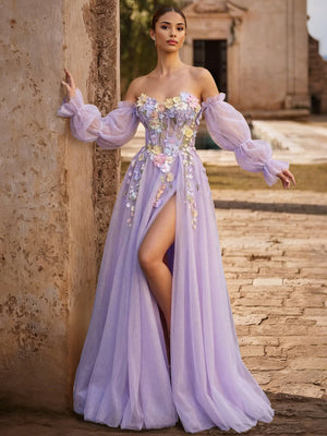A-Line/Princess Long Prom Dresses Sweetheart Long Sleeves Floor-length Tulle Dress With Floral Appliques