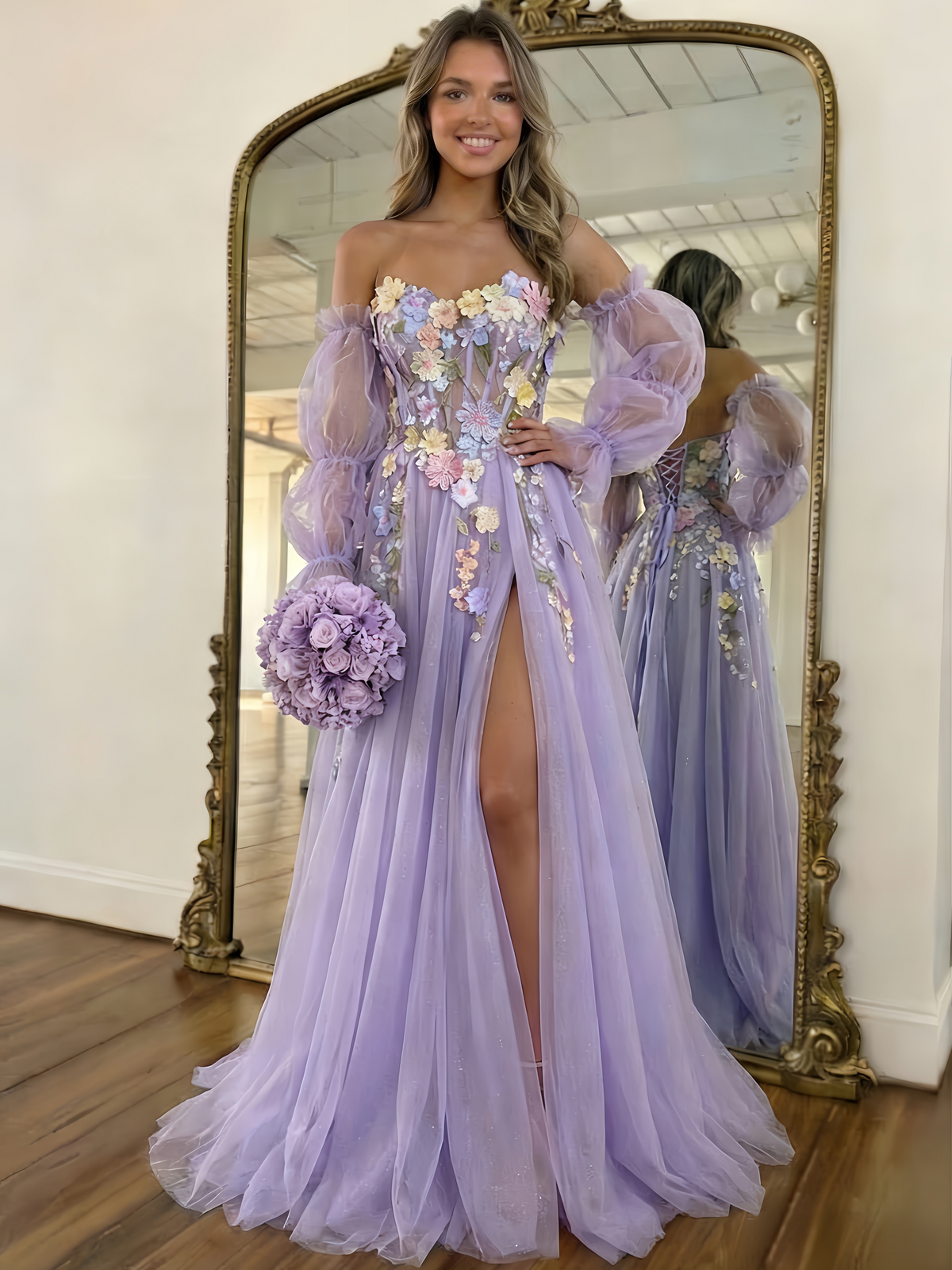 Nafori Lilac A-Line/Princess Long Prom Dresses Basque Waist Sweetheart Long Sleeves Floor-length Tulle Dress With Floral Appliques 2026