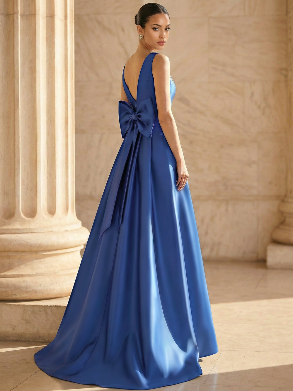 A-Line/Princess Evening Dresses V Neck Corset Sleeveless Floor Length Formal Dresses with Bowknot Pocket