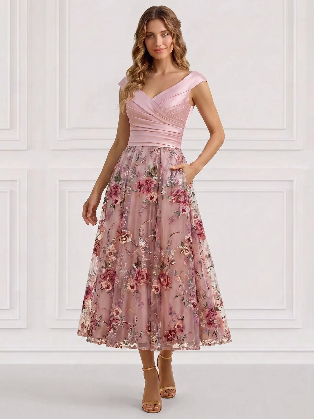 Nafori Pink A-Line/Princess Floral Cocktail Dresse Off The Shoulder Sleeveless Formal Ankle Length Dresses With Pocket 2026