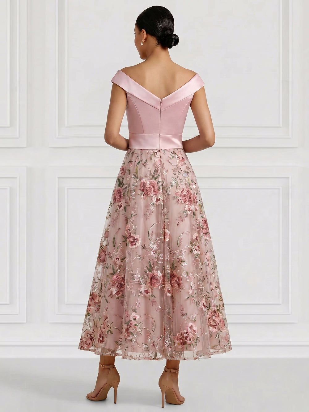 A-Line/Princess Floral Cocktail Dresse Off The Shoulder Sleeveless Formal Ankle Length Dresses With Pocket