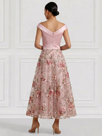 A-Line/Princess Floral Cocktail Dresse Off The Shoulder Sleeveless Formal Ankle Length Dresses With Pocket