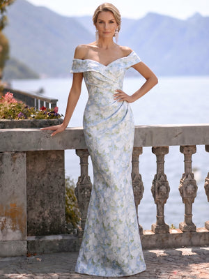 Mermaid Evening Elegant Dress Formal Dresses Printed Satin Off-The-Shoulder Sweetheart Floor Length Sleeveless Wedding Guest