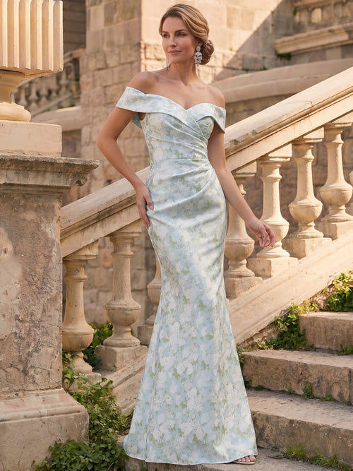 Mermaid Evening Elegant Dress Formal Dresses Printed Satin Off-The-Shoulder Sweetheart Floor Length Sleeveless Wedding Guest