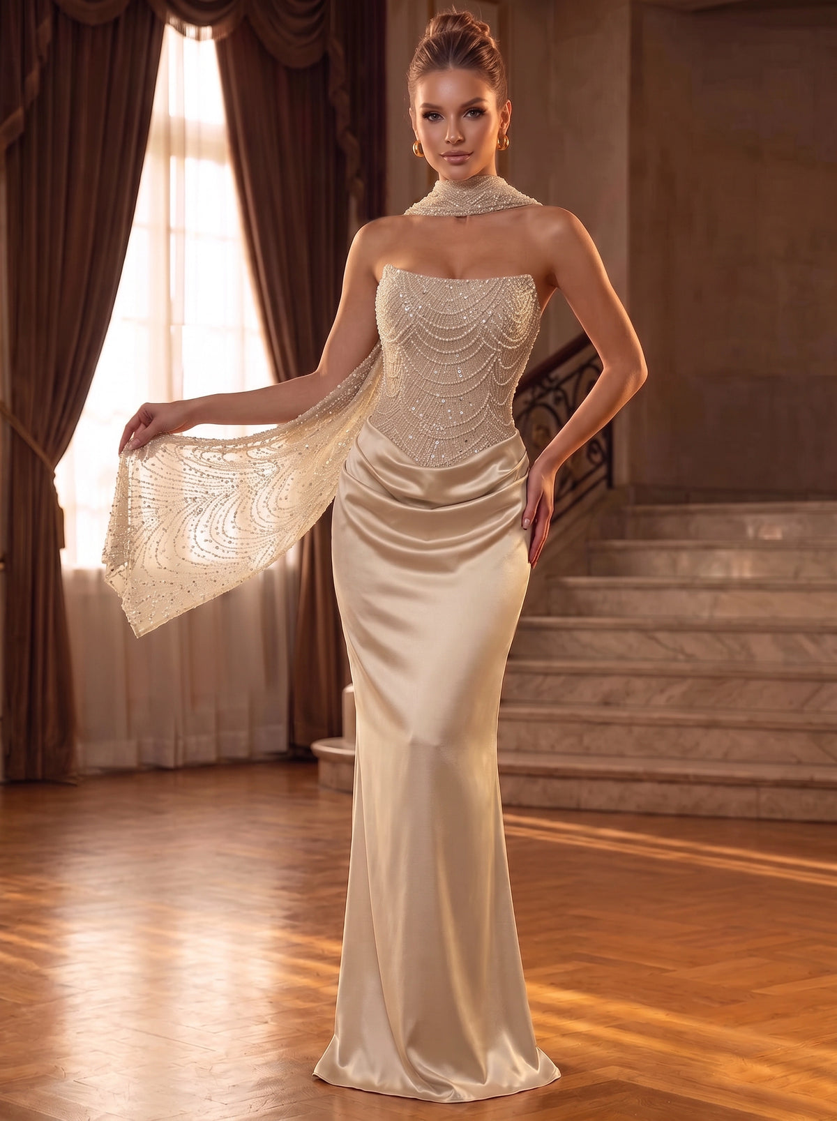 Nafori Champagne Sheath/Column Evening Dresses Corset Sequins Satin Strapless Sleeveless Floor-Length Beaded Ruched Detachable Scarf Lace-Up Wedding