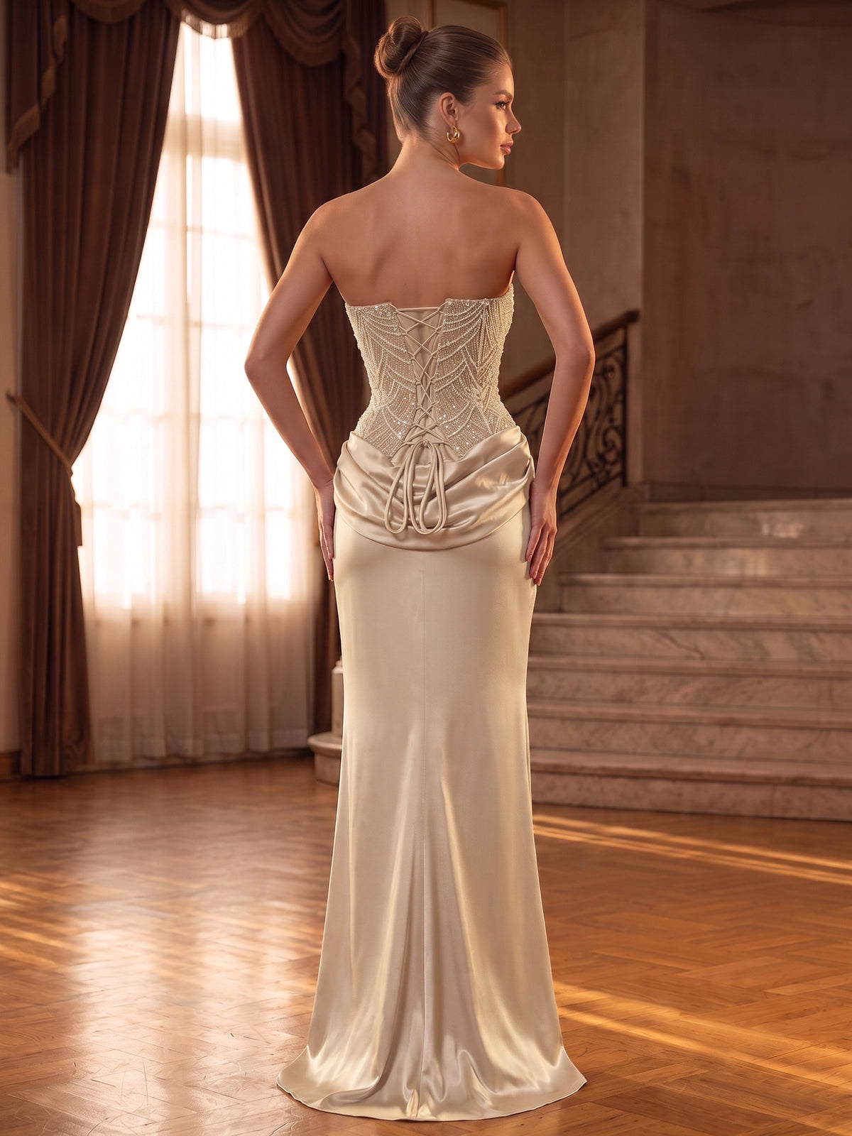 Sheath/Column Evening Dresses Corset Sequins Satin Strapless Sleeveless Floor-Length Beaded Ruched Detachable Scarf Lace-Up Wedding Guest Dresses