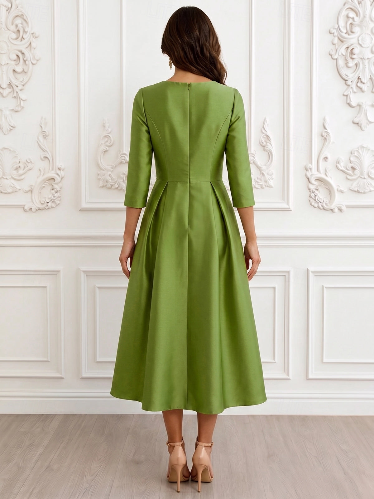 A-Line Cocktail Party Dress V Neck Long Sleeves Satin Ankle Length Formal Dress With Bowknot
