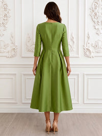 A-Line Cocktail Party Dress V Neck Long Sleeves Satin Ankle Length Formal Dress With Bowknot