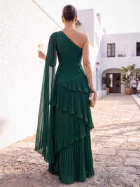 A-Line/Princess Formal Dresses Chiffon One-Shoulder Sleeveless Floor-Length Ruched Tiered Ruffles With Long Drape