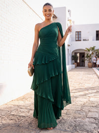 A-Line/Princess Formal Dresses Chiffon One-Shoulder Sleeveless Floor-Length Ruched Tiered Ruffles With Long Drape