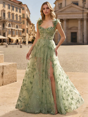 A-Line/Princess Long Prom Dresses Square Neck Sleeveless Floor-length Tulle Corset Dress With Butterfly Appliques