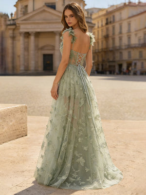 A-Line/Princess Long Prom Dresses Square Neck Sleeveless Floor-length Tulle Corset Dress With Butterfly Appliques