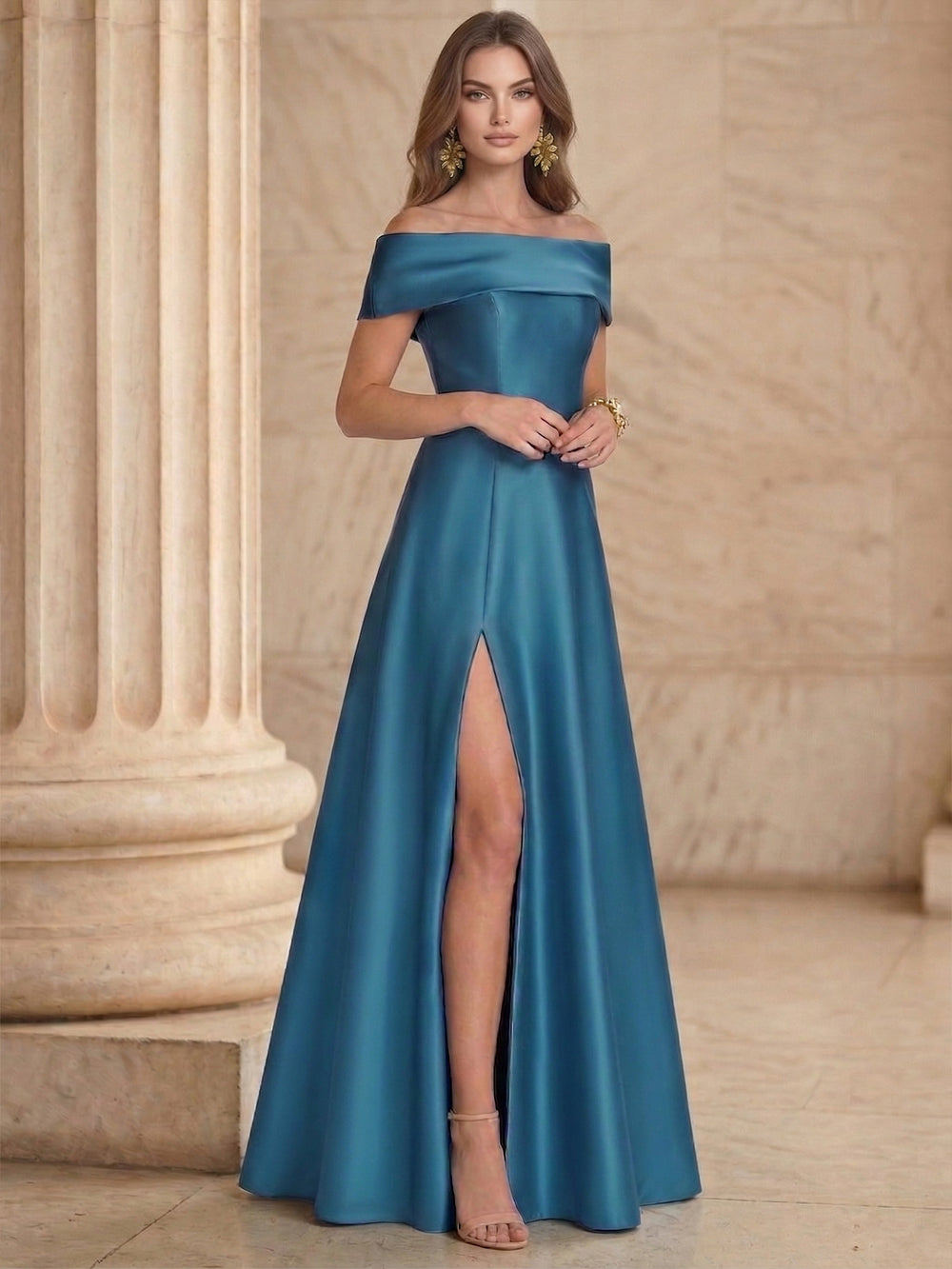 A Line/Princesses Evening Elegant Dress Satin Off the Shoulder Floor-Length Formal Dress With High Slit