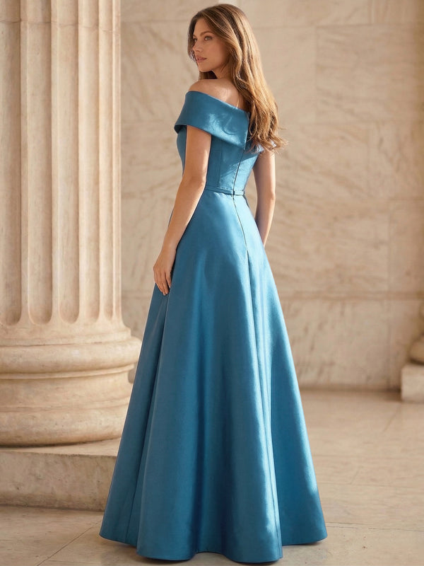 A Line/Princesses Evening Elegant Dress Satin Off the Shoulder Floor-Length Formal Dress With High Slit