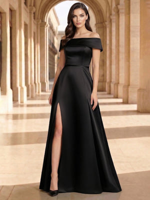 A Line/Princesses Evening Elegant Dress Satin Off the Shoulder Floor-Length Formal Dress With High Slit