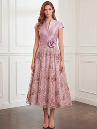 A-Line/Princess Elegant Floral Cocktail Dresse V Neck Short Sleeves Formal Ankle Length Dresses With Pocket