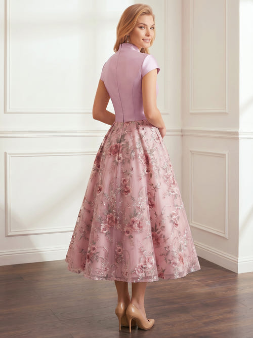 A-Line/Princess Elegant Floral Cocktail Dresse V Neck Short Sleeves Formal Ankle Length Dresses With Pocket