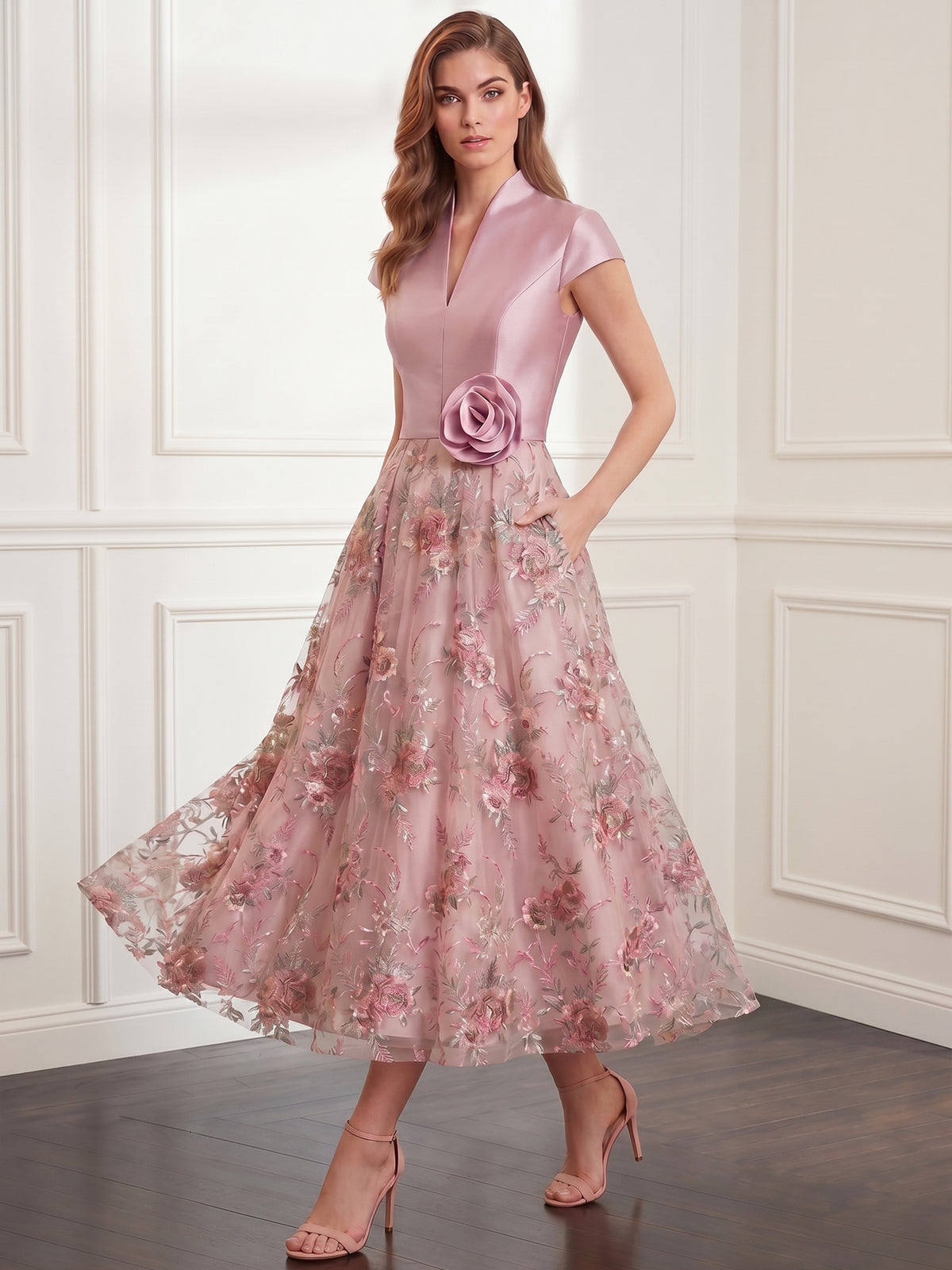 Nafori Pink A-Line/Princess Mother Of Bride Dresses Elegant Floral Cocktail Dresse V Neck Short Sleeves Semi-Formal Dresses With Pocket 2026