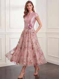 A-Line/Princess Elegant Floral Cocktail Dresse V Neck Short Sleeves Formal Ankle Length Dresses With Pocket