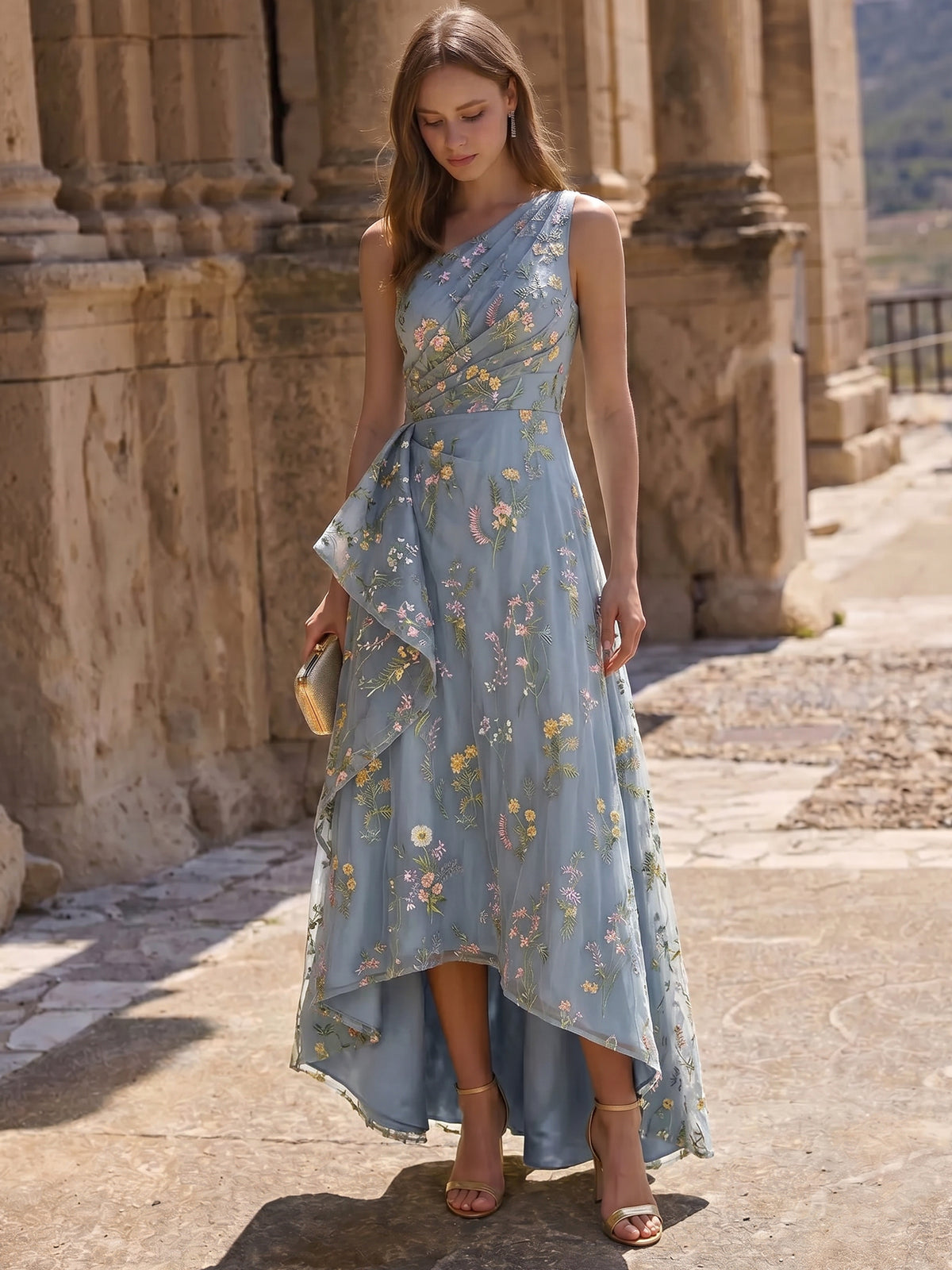 Nafori Pink A-Line/Princess Cocktail Dress Elegant Embroidery Ruched Floral High-Low Semi-Formal Dress One Shoulder Blue Mother Of The Bride Dresses