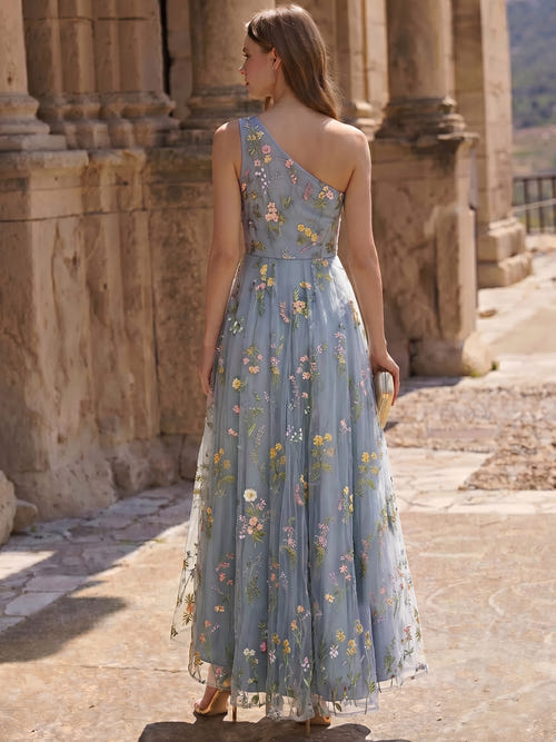 A-Line/Princess Cocktail Dress Elegant Embroidery Ruched Floral High-Low Semi-Formal Dress One Shoulder Blue Mother Of The Bride Dresses