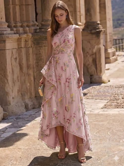 A-Line/Princess Cocktail Dress Elegant Embroidery Ruched Floral High-Low Semi-Formal Dress One Shoulder Blue Mother Of The Bride Dresses