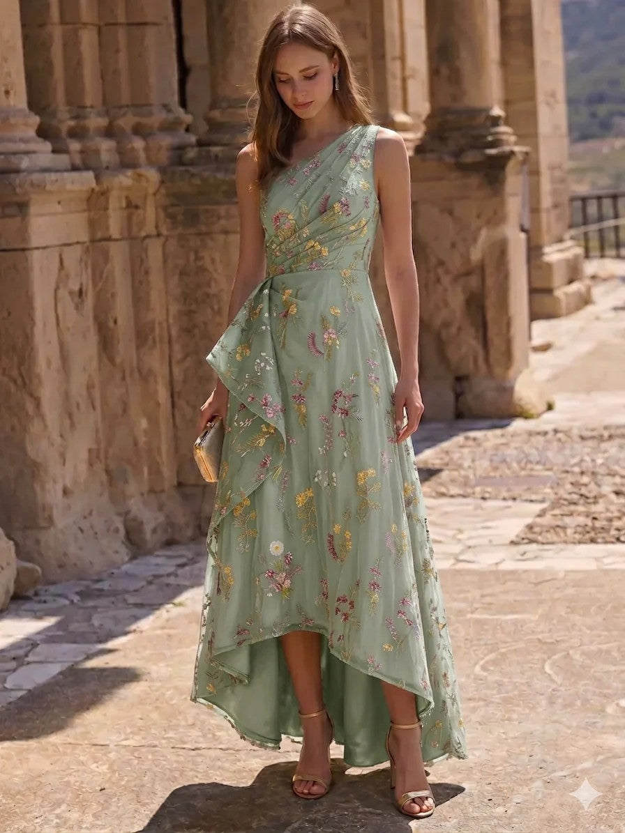 Nafori Pink A-Line/Princess Cocktail Dress Elegant Embroidery Ruched Floral High-Low Semi-Formal Dress One Shoulder Blue Mother Of The Bride Dresses