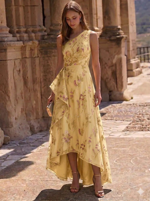 A-Line/Princess Cocktail Dress Elegant Embroidery Ruched Floral High-Low Semi-Formal Dress One Shoulder Blue Mother Of The Bride Dresses