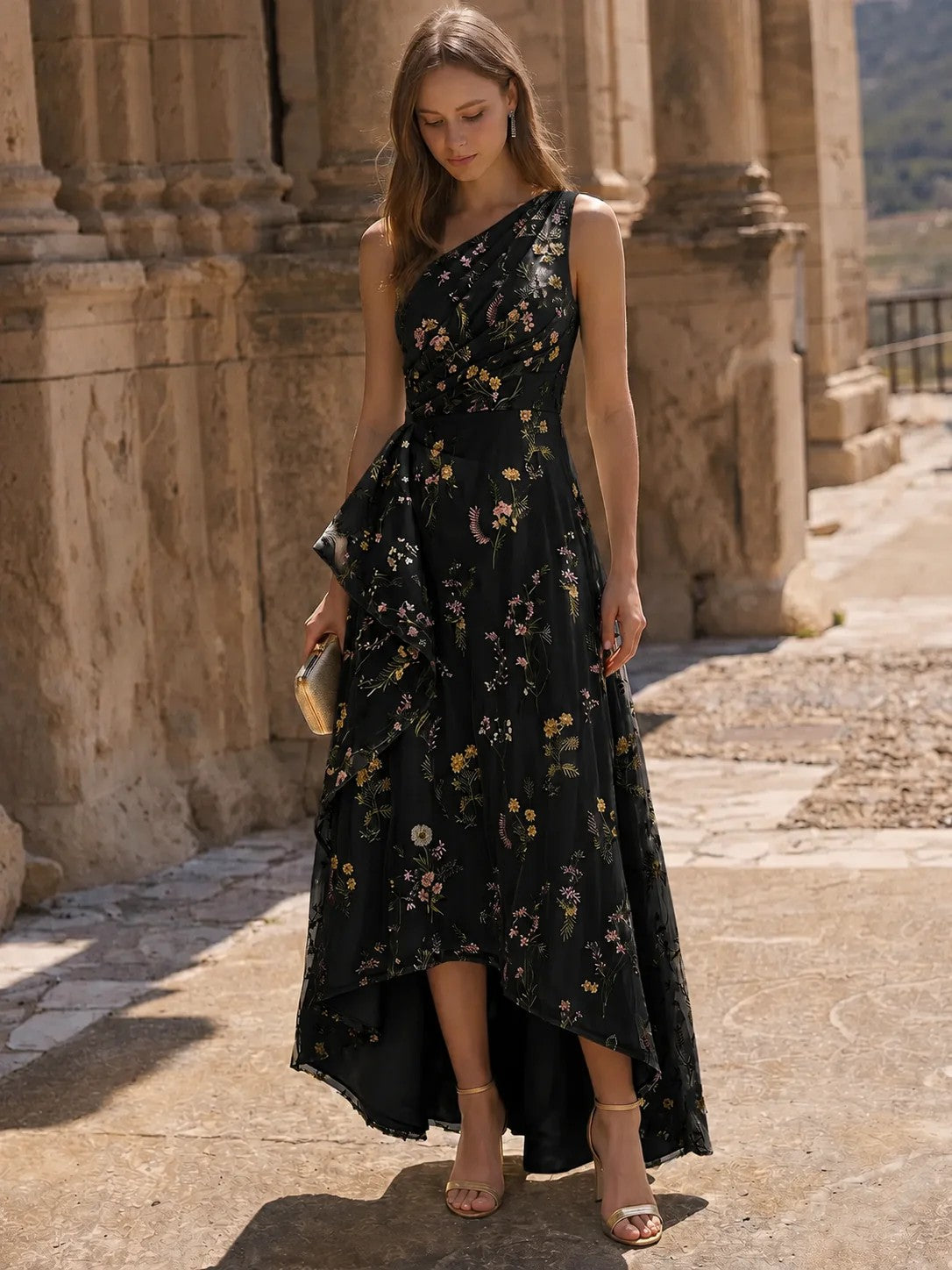 Nafori Black A-Line/Princess Cocktail Dress Elegant Embroidery Ruched Floral High-Low Semi-Formal Dress One Shoulder Blue Mother Of The Bride Dresses