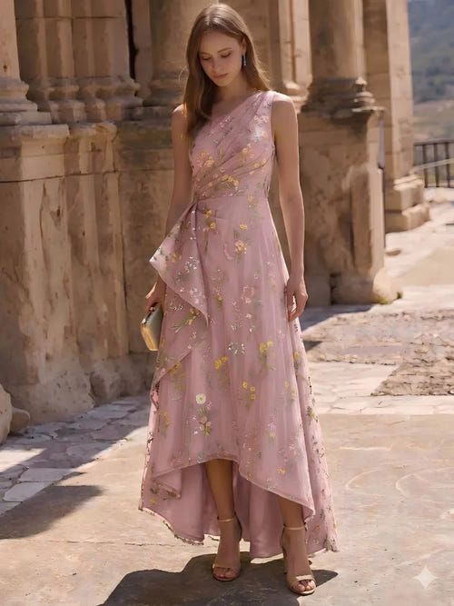 A-Line/Princess Cocktail Dress Elegant Embroidery Ruched Floral High-Low Semi-Formal Dress One Shoulder Blue Mother Of The Bride Dresses