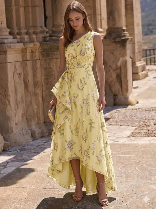 A-Line/Princess Cocktail Dress Elegant Embroidery Ruched Floral High-Low Semi-Formal Dress One Shoulder Blue Mother Of The Bride Dresses
