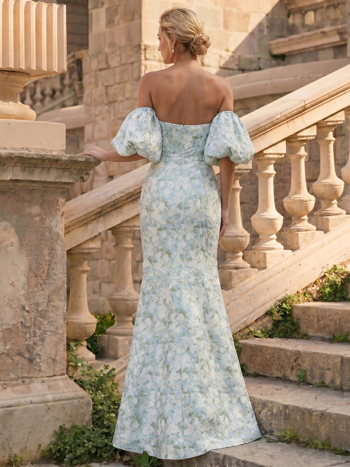 Nafori Light Blue Mermaid Mother Of The Bride Dresses Elegant Dress Formal Dresses Printed Satin Off-The-Shoulder Strapless Floor Length 1/2 Sleeves