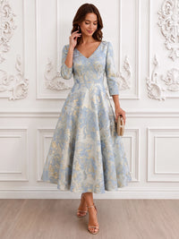 Ball Gown Cocktail Dresses Jacquard Satin V Neck Ankle-Length Short Sleeves Elegant Formal Gown Wedding Guest Dress