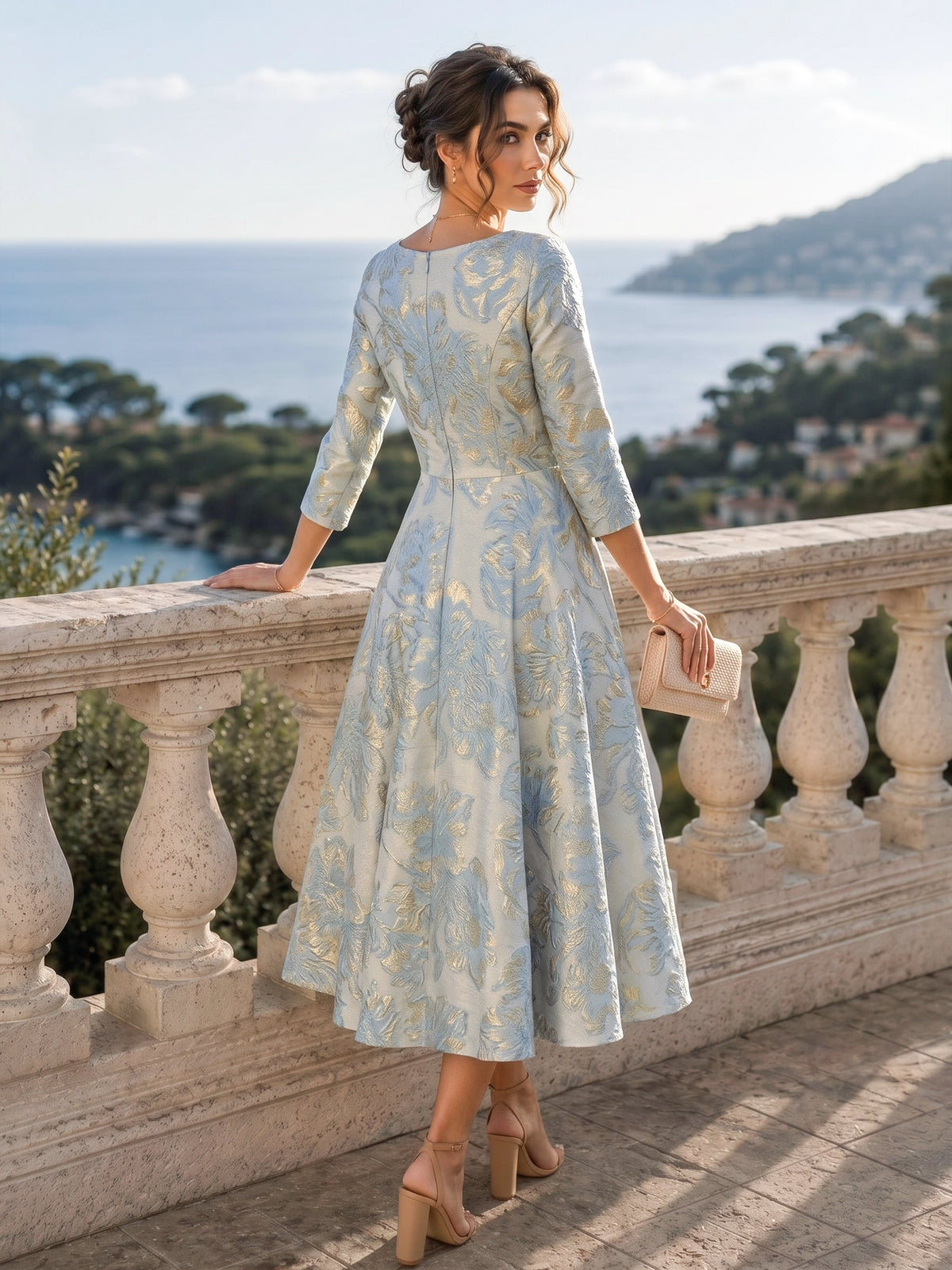 Ball Gown Cocktail Dresses Jacquard Satin V Neck Ankle-Length Short Sleeves Elegant Formal Gown Wedding Guest Dress