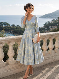 Ball Gown Cocktail Dresses Jacquard Satin V Neck Ankle-Length Short Sleeves Elegant Formal Gown Wedding Guest Dress
