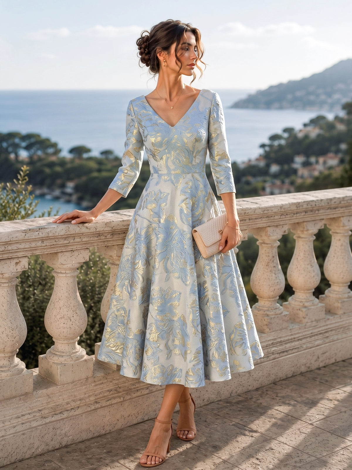 Ball Gown Cocktail Dresses Jacquard Satin V Neck Ankle-Length Short Sleeves Elegant Formal Gown Wedding Guest Dress
