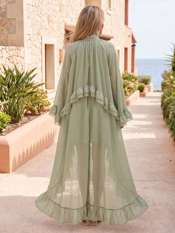 A-Line/Princess Formal Dresses Chiffon High Neck Long Sleeves High-Low Pleated Tiered Ruffles