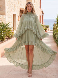 A-Line/Princess Formal Dresses Chiffon High Neck Long Sleeves High-Low Pleated Tiered Ruffles